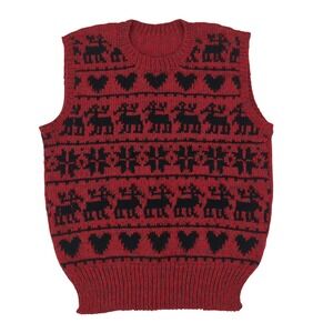 Vintage Red Wool Knit Vest Moose Heart Pattern Sleeveless Sweater Top Womens S/M